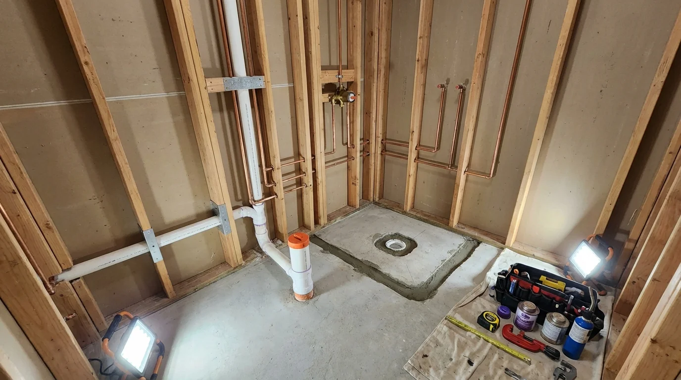 Bathroom rough-in plumbing during remodel by Johns Plumbing LLC in North Kingstown