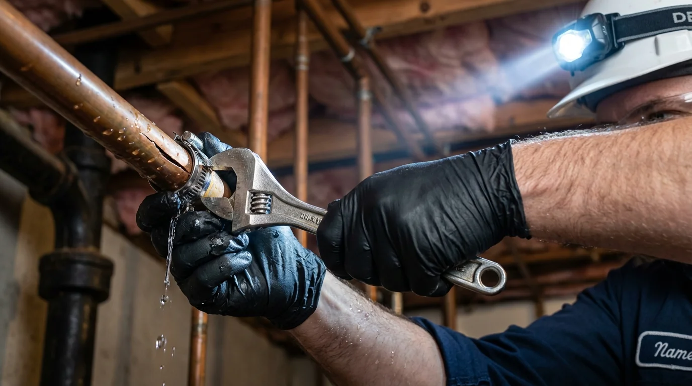 Emergency pipe clamp repair being performed by a Johns Plumbing LLC plumber in North Kingstown