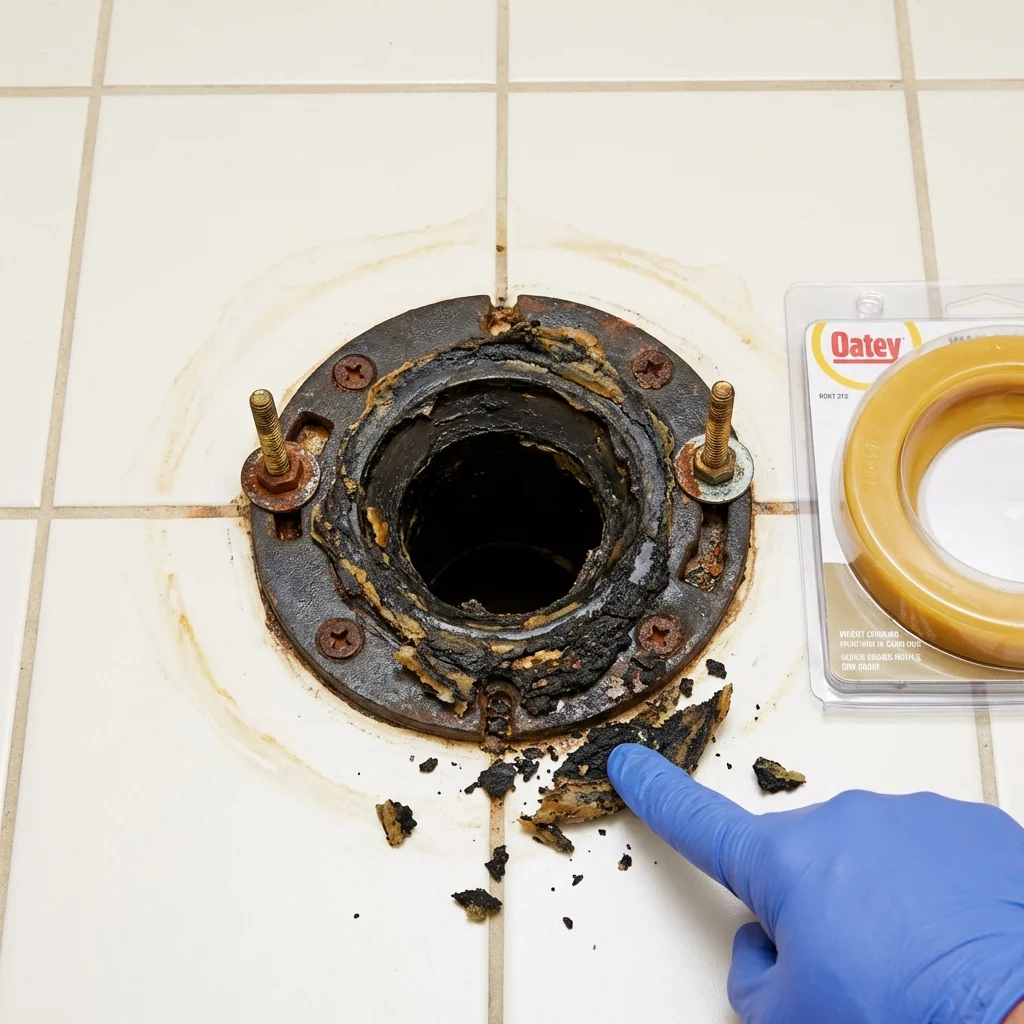 Failed wax ring showing water seepage at the base of a toilet in a North Kingstown, RI home