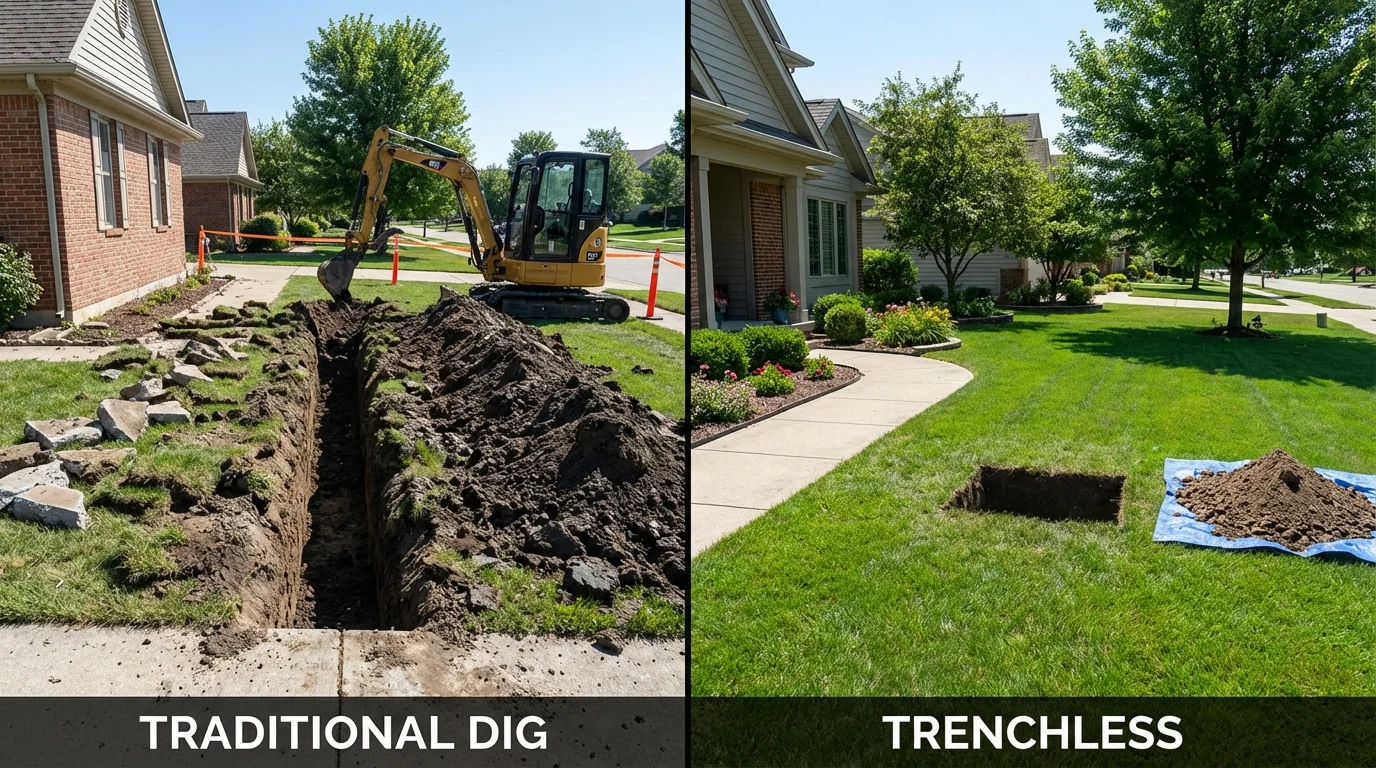 Trenchless sewer repair with minimal yard damage versus traditional excavation in North Kingstown, RI